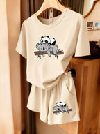 2pcs Women's Summer Short Sleeve Set—Panda Koala Cute Animal Print Short Sleeve Shorts Set, Comfortable, Soft, and Breathable for Sports and Daily Wear, Suitable for Back-to, Campus, Valentine's Day, Women's Pajamas, Jogging, Fitness, and as a Gift - Apricot + Apricot