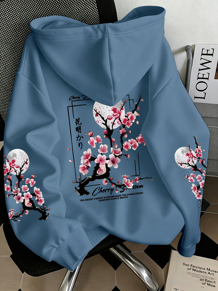 Women'S Fashion Cherry Blossom And Letter Print Casual Hooded Sweatshirt - Peacock Blue