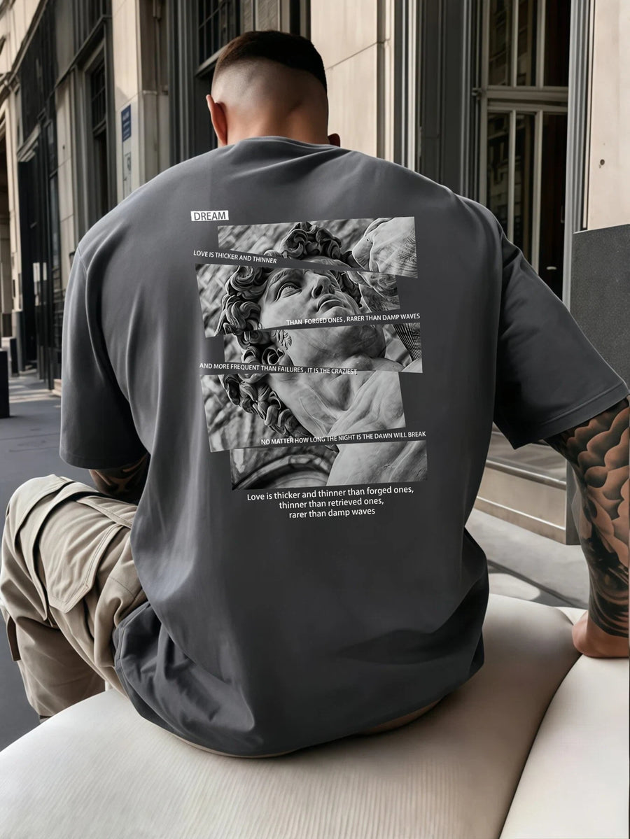 Casual Streetwear Style, Men'S T-Shirt, Classical Statue Collage with Love Quote Print, Summer Urban Outdoor Wear, Gift for Boyfriend Or Fashion Enthusiast - Dark Gray