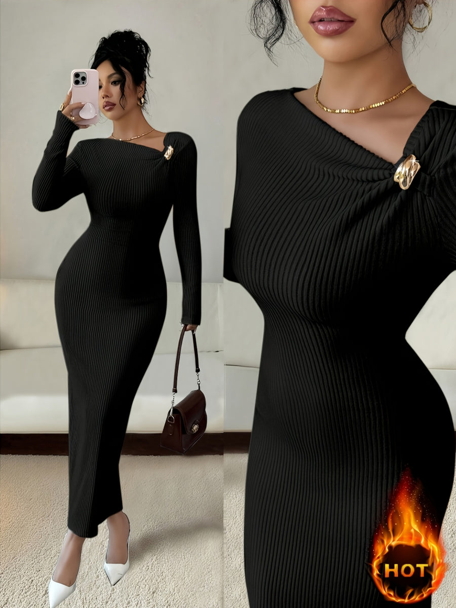 Elenzga Women'S Solid Color Long Sleeve Asymmetric Collar Bodycon Midi Dress | Elegant, Metal Decoration, Suitable For Spring/Summer/Fall - Black