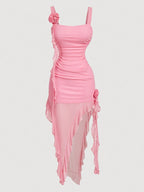 Soft and Sweet Peach Pink Mesh Dress, Long Gown for Vacation and Dates - Pink