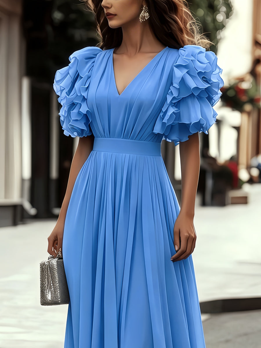 Elegant Women's Blue V-Neck Multi-Layer Ruffle Flutter Sleeve Long Dress - Waist-Cinching Pleated Dress | Temperamental Long Chiffon Gown for Evening Parties, Dates, and Vacations - Sky Blue