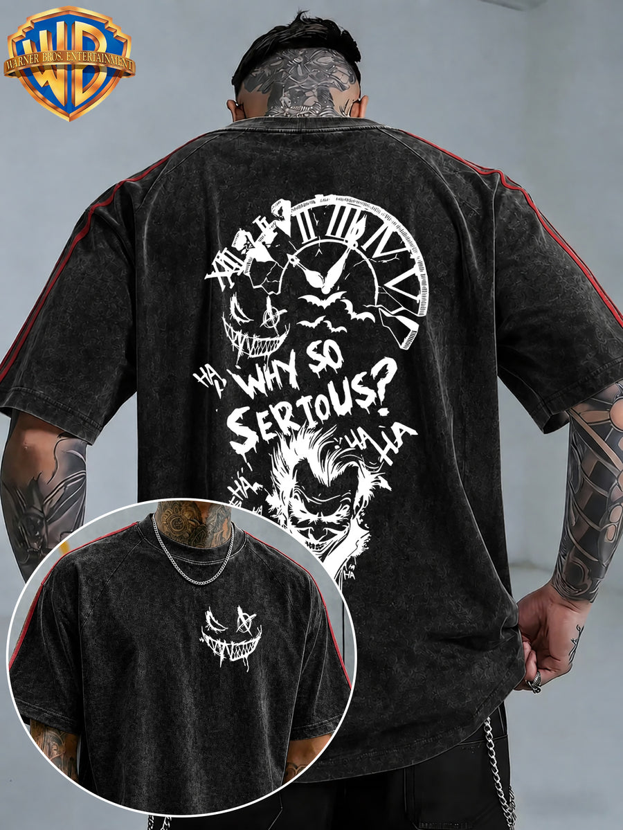 WB Warner Bros. Official License, American Dark Punk Hand-Drawn Creation, Classic Joker Quote with Bat Elements Retro Atmosphere T-Shirt, Men'S Loose Retro Street Casual Short Sleeve Top - Black
