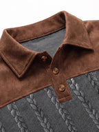 New Men's Autumn/Winter Brushed Ribbed Cable Knit Casual Color-Block Jacquard Long Sleeve Patchwork Plush Sport Henley High-Neck Top - Dark Gray