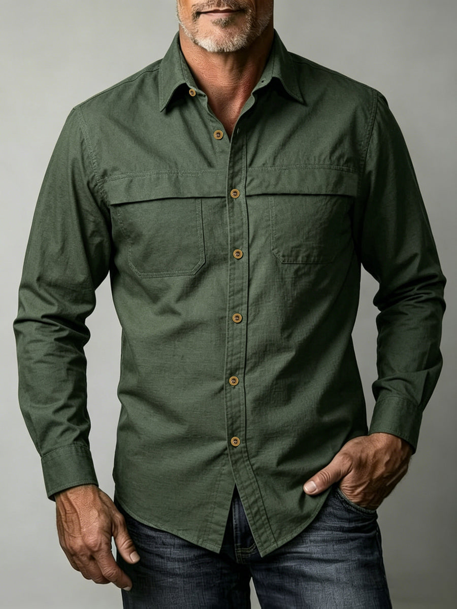 Men'S Solid Color Casual Long-Sleeved Work Shirt, Double Pocket Design, Skin-Friendly And Breathable Fabric, Slim Fit, Stylish And Crisp, Versatile for Spring And Autumn Commuting, Outdoor Activities, And Daily Wear, Durable And Easy to Care for - Olive Green