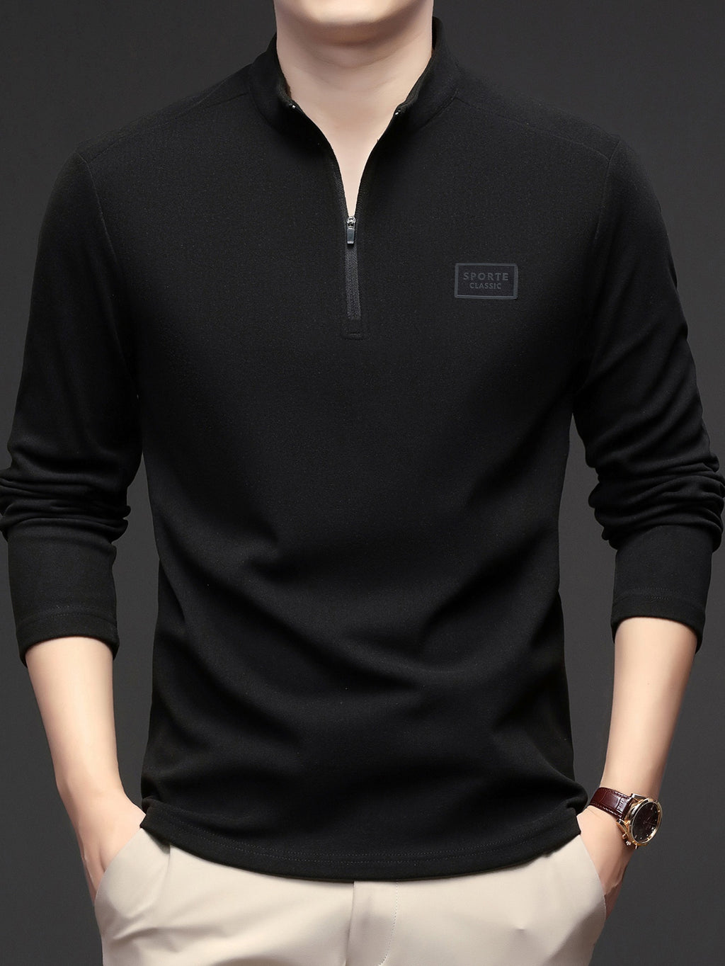 Men'S 1/4 Zip Long Sleeve Sweatshirt, Spring/Autumn Business Casual Golf Top, Half-Zip Collar High Neck Long Sleeve T-Shirt, Soft Comfortable Casual Sportswear, Outdoor Spring/Autumn Warm Clothing, Logo on Chest, Mature Men'S Apparel - Black