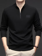 Men'S 1/4 Zip Long Sleeve Sweatshirt, Spring/Autumn Business Casual Golf Top, Half-Zip Collar High Neck Long Sleeve T-Shirt, Soft Comfortable Casual Sportswear, Outdoor Spring/Autumn Warm Clothing, Logo on Chest, Mature Men'S Apparel - Black