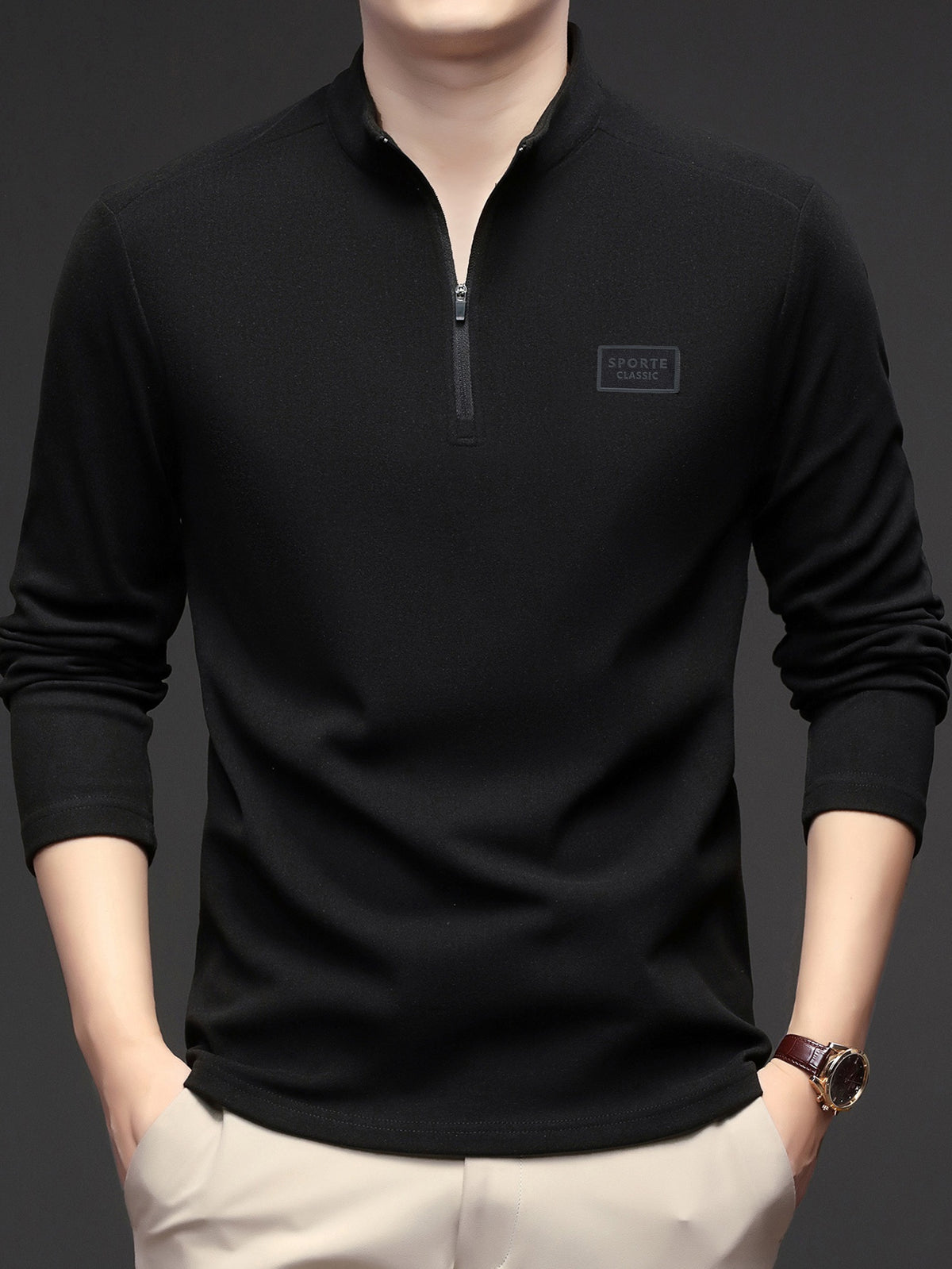 Men'S 1/4 Zip Long Sleeve Sweatshirt, Spring/Autumn Business Casual Golf Top, Half-Zip Collar High Neck Long Sleeve T-Shirt, Soft Comfortable Casual Sportswear, Outdoor Spring/Autumn Warm Clothing, Logo on Chest, Mature Men'S Apparel - Black
