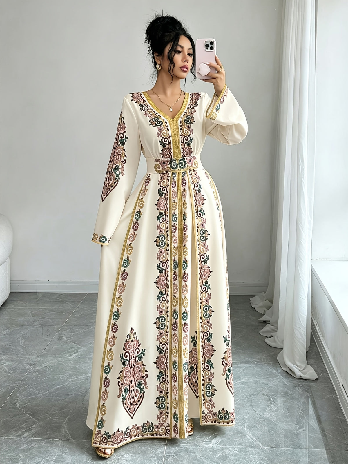 Women'S Summer Autumn Bride, Retro Elegant Dignified Wedding Non- Bohemian Middle Eastern, Printed Design, V-Neck Long Sleeve Batwing Sleeve Loose Flowing Long Wrap Dress, Golden Contrast Design Court Style Dress Suitable for Vacation, Party - Off-white