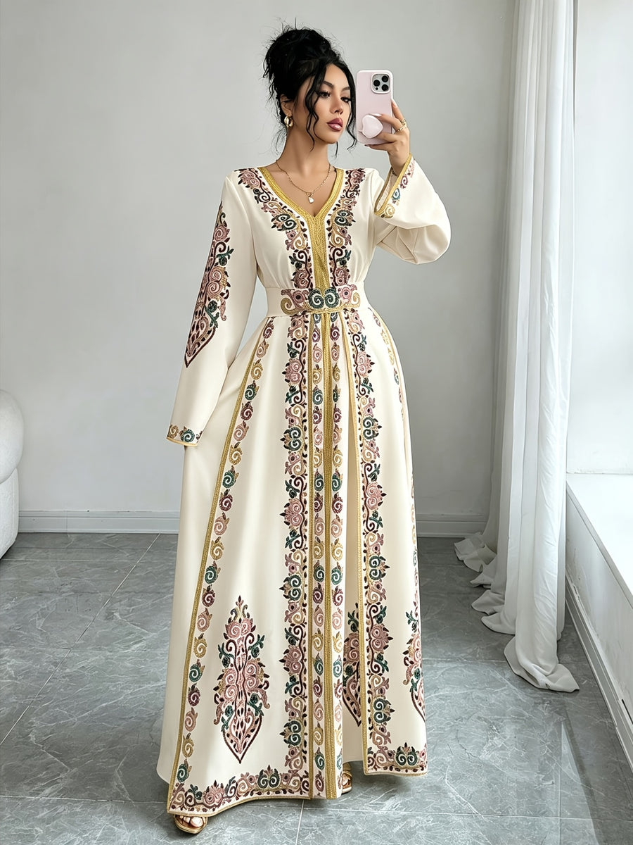 Women'S Summer Autumn Bride, Retro Elegant Dignified Wedding Non- Bohemian Middle Eastern, Printed Design, V-Neck Long Sleeve Batwing Sleeve Loose Flowing Long Wrap Dress, Golden Contrast Design Court Style Dress Suitable for Vacation, Party - Off-white