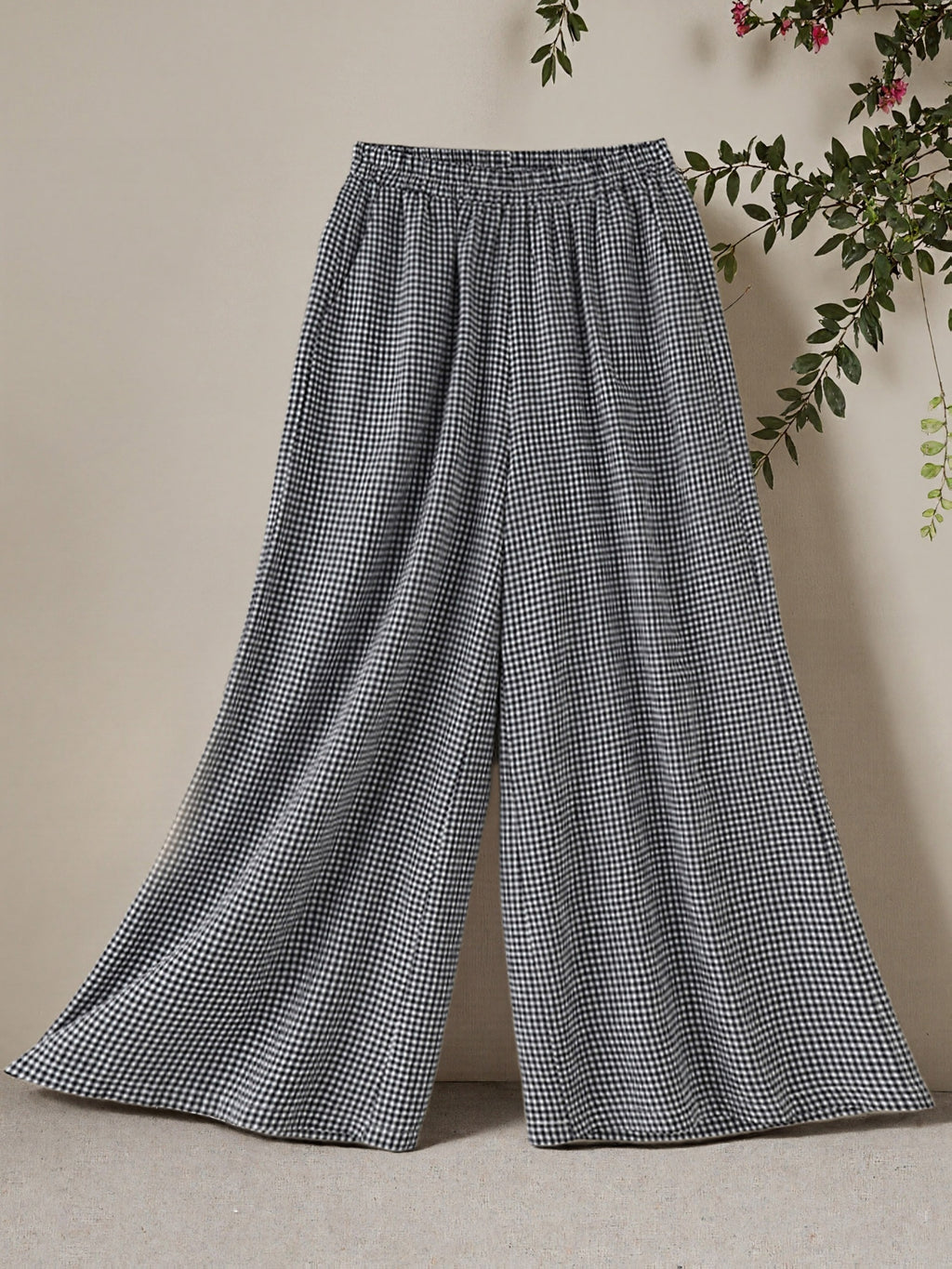 Women'S Spring And Summer Fine Checkered Wide-Leg Pants, Elastic Waist High Waist Drape, And Casual Floor-Length Trousers - Black