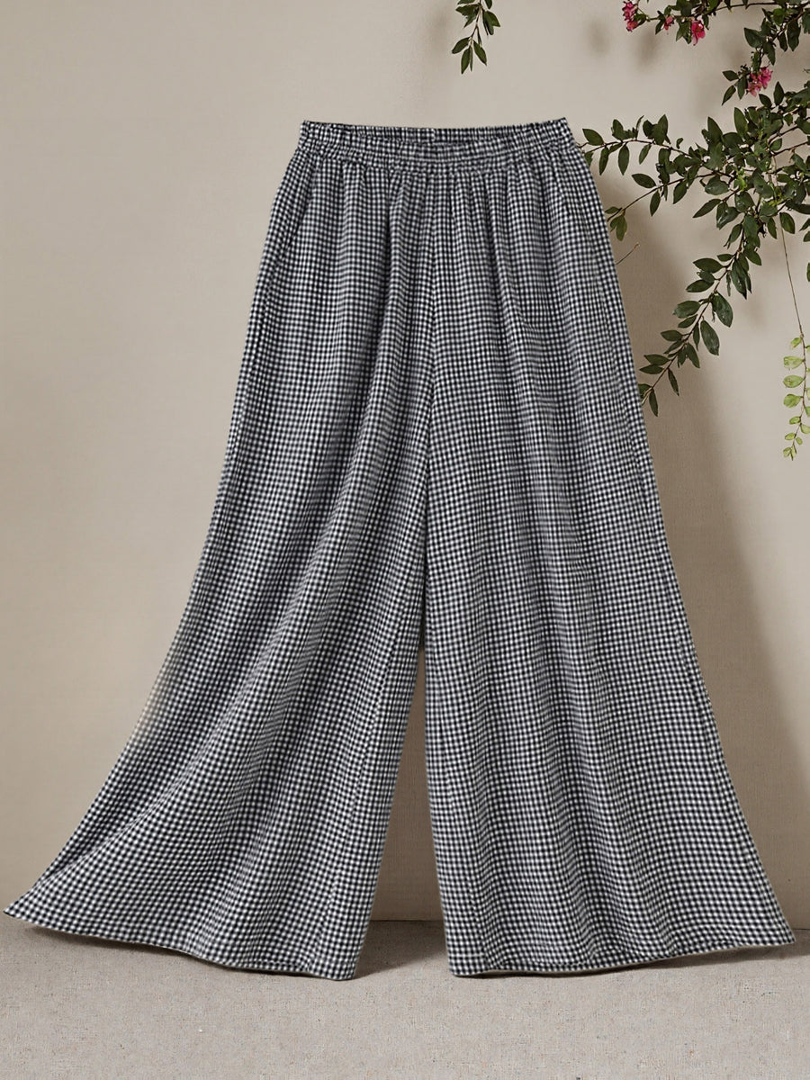 Women'S Spring And Summer Fine Checkered Wide-Leg Pants, Elastic Waist High Waist Drape, And Casual Floor-Length Trousers - Black