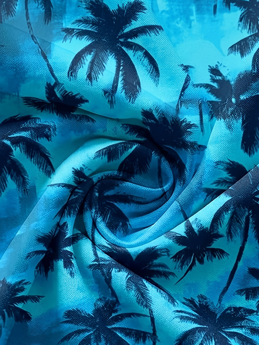 Printed Design Not Textured Hawaiian Coconut Tree Print Men's Button-Up Short-Sleeve Shirt - Peacock Blue