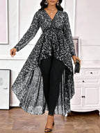 YY1029275 Women'S Long Top with Leopard Print, V-Neck, Shorter in The Front And Longer in The Back. A Versatile Long Shirt with a Tie - Grey