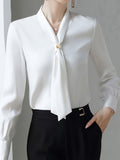 Solid Color Lace-Up V-Neck Long-Sleeved Shirt, Elegant Women'S Clothing, Suitable for Spring And Autumn Seasons - White