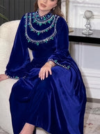 Ramadan Saudi Arabia Abaya Robe, Velvet Zipper Green Water Drop Rhinestone Middle Eastern Dress - Blue