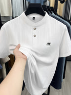 [Slight Stretch | Size up for Loose Fit] New Spring/Summer Men's Henry Shirt, Solid Color Half-Open Placket Single-Breasted Stand Collar Short Sleeve T-Shirt, Men's Business Casual Fashionable Breathable Versatile Polo Shirt, Chest Print Basic Tee - White