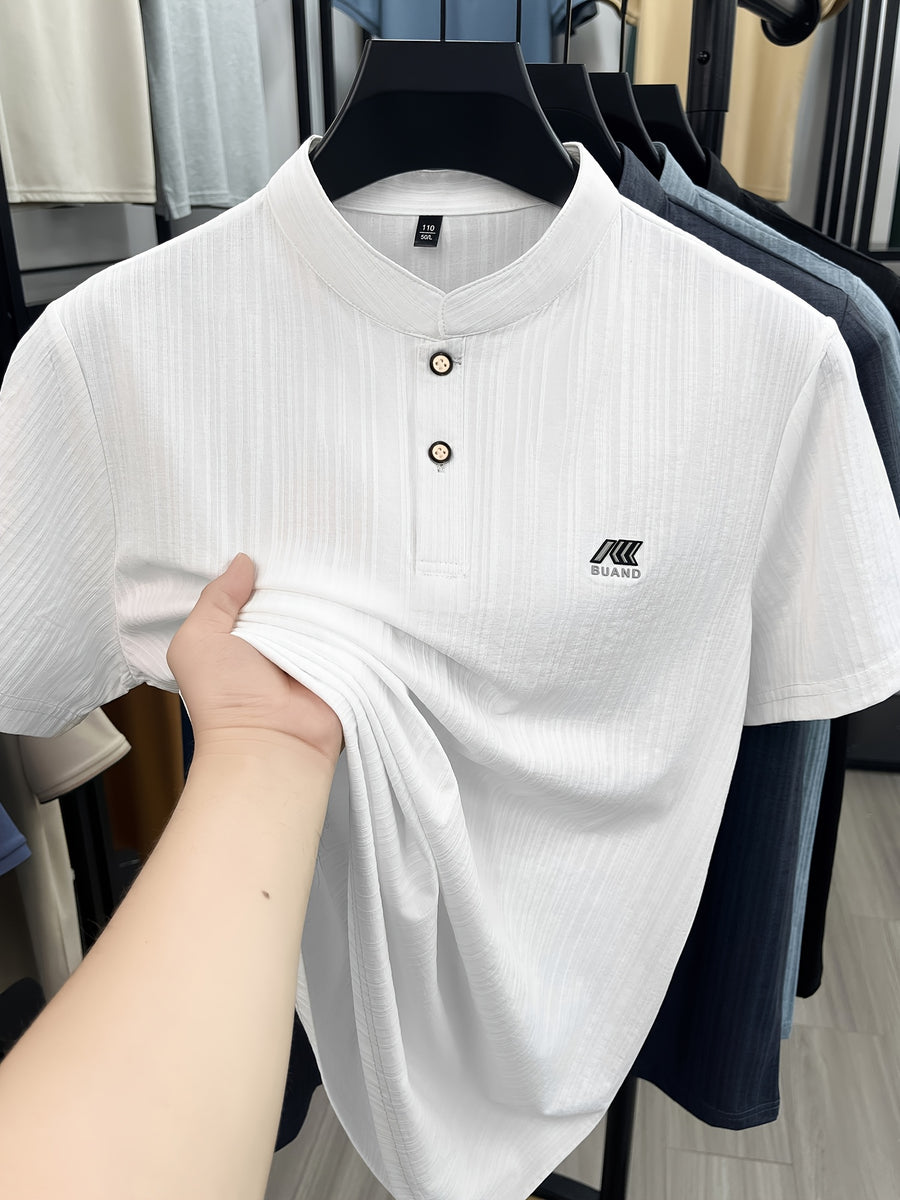 [Slight Stretch | Size up for Loose Fit] New Spring/Summer Men's Henry Shirt, Solid Color Half-Open Placket Single-Breasted Stand Collar Short Sleeve T-Shirt, Men's Business Casual Fashionable Breathable Versatile Polo Shirt, Chest Print Basic Tee - White