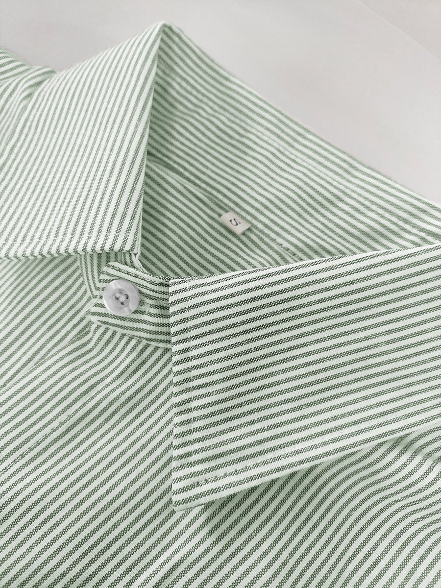 Summer Trendy New Men'S Versatile Basic Easy Individual Fun Back-Print Short Striped Loose Shirt - Light Green