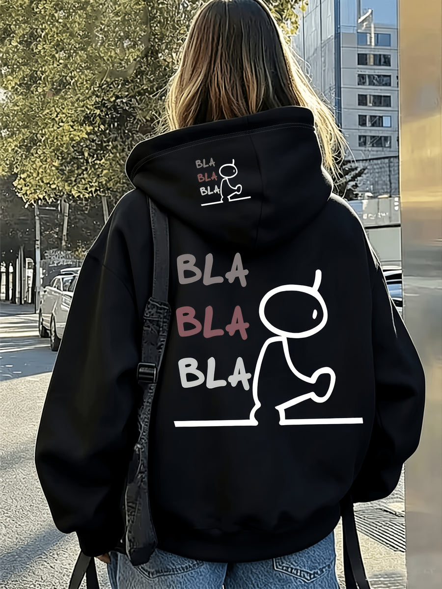 Women's Loose Fit Bla Bla Bla Stick Figure Print Hooded Sweatshirt, Fun Cartoon Back + Brim Print Pullover, Drop Shoulder Long Sleeve Hoodie, American Trendy Casual Street Style, Soft and Comfortable Fabric, Girly and Cute Outfit, Suitable for Daily - Black
