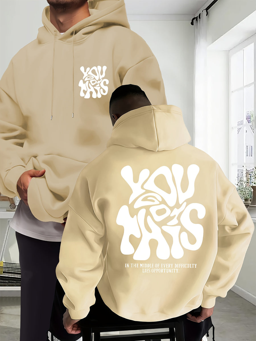 Men's New Trendy Autumn Winter Hoodie, Casual Daily Drawstring Creative Design Printed Sweatshirt with Front Kangaroo Pocket Unisex Top - Apricot