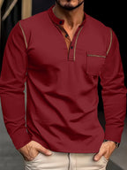 [JOSHIMAI OBM] 4pcs Men'S Long Sleeve Henley Shirts, Soft Comfortable Skin-Friendly Fabric, Lightweight Breathable Easy Care Stand Collar 3-Button Placket with Chest Pocket Detail, Solid Color Casual Top, Versatile for Office Commute - Wine Red+ White+ Khaki+ Army Green