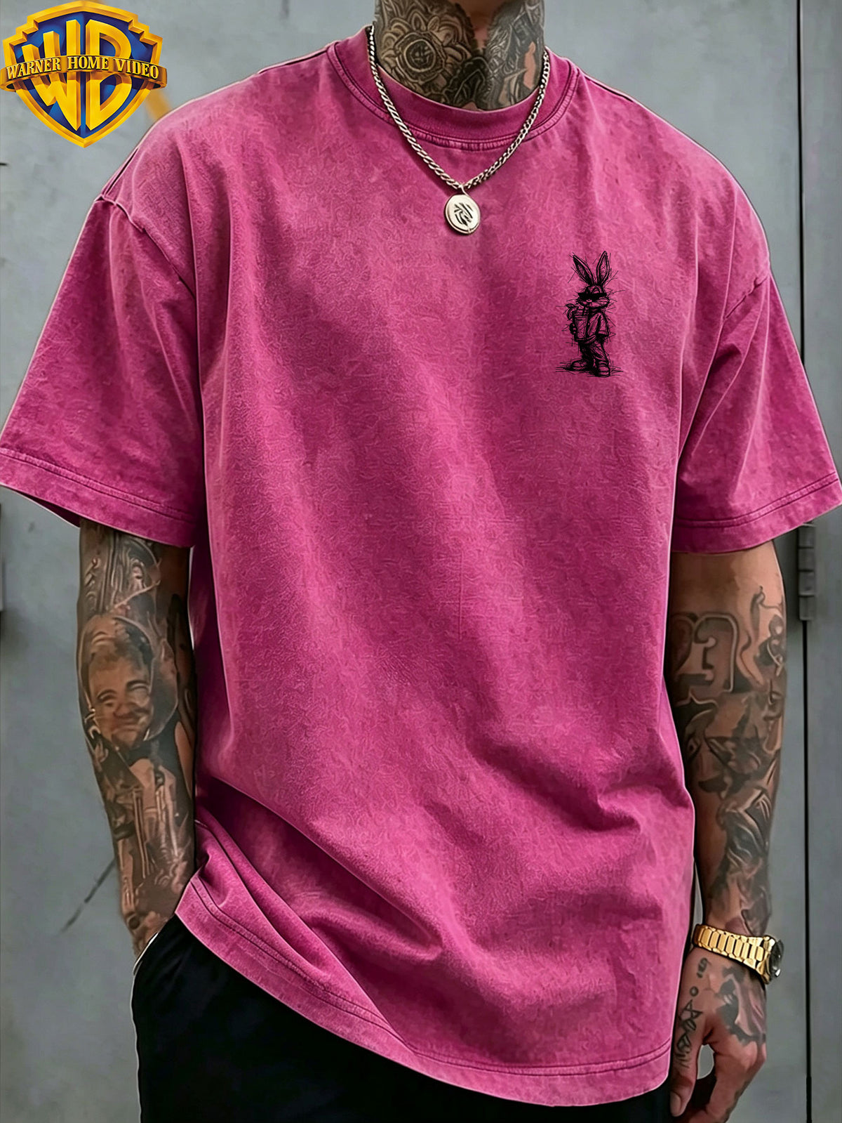 Warner Authorized WB Sunglasses Cool Rabbit Bags Beverage Quick Print Men'S Short Sleeve T-Shirt, Summer Comfortable Outdoor Top, Fashionable And Easy, Suitable for Daily Wearing, As a Friend Gathering Outfit - Rose Red