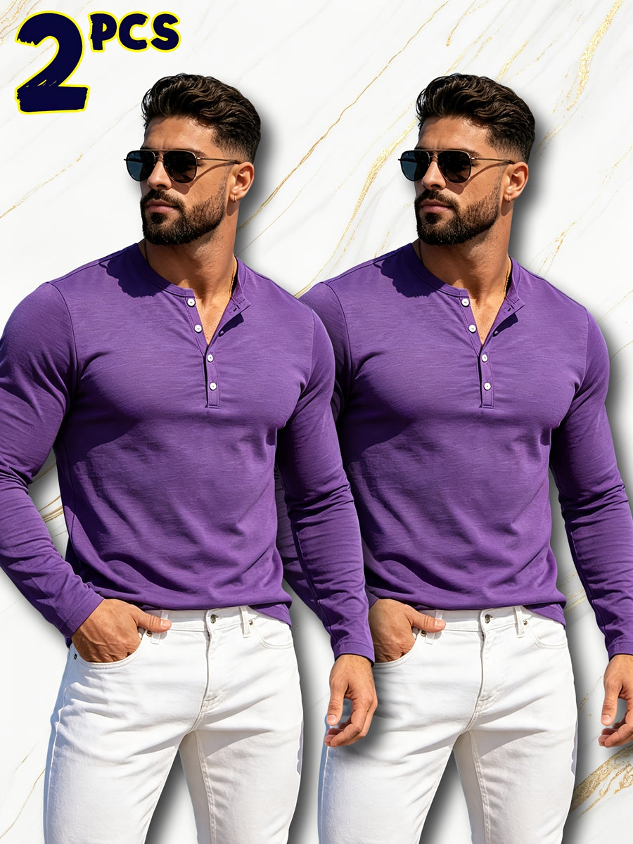 2pcs New Men's Fashionable Sporty Long-Sleeve Pure Cotton Henley Button-Up Shirt, Spring/Autumn Casual, Comfortable, Soft, Trendy, Simple, High-End, Versatile, and Refreshing - Multicolor 6
