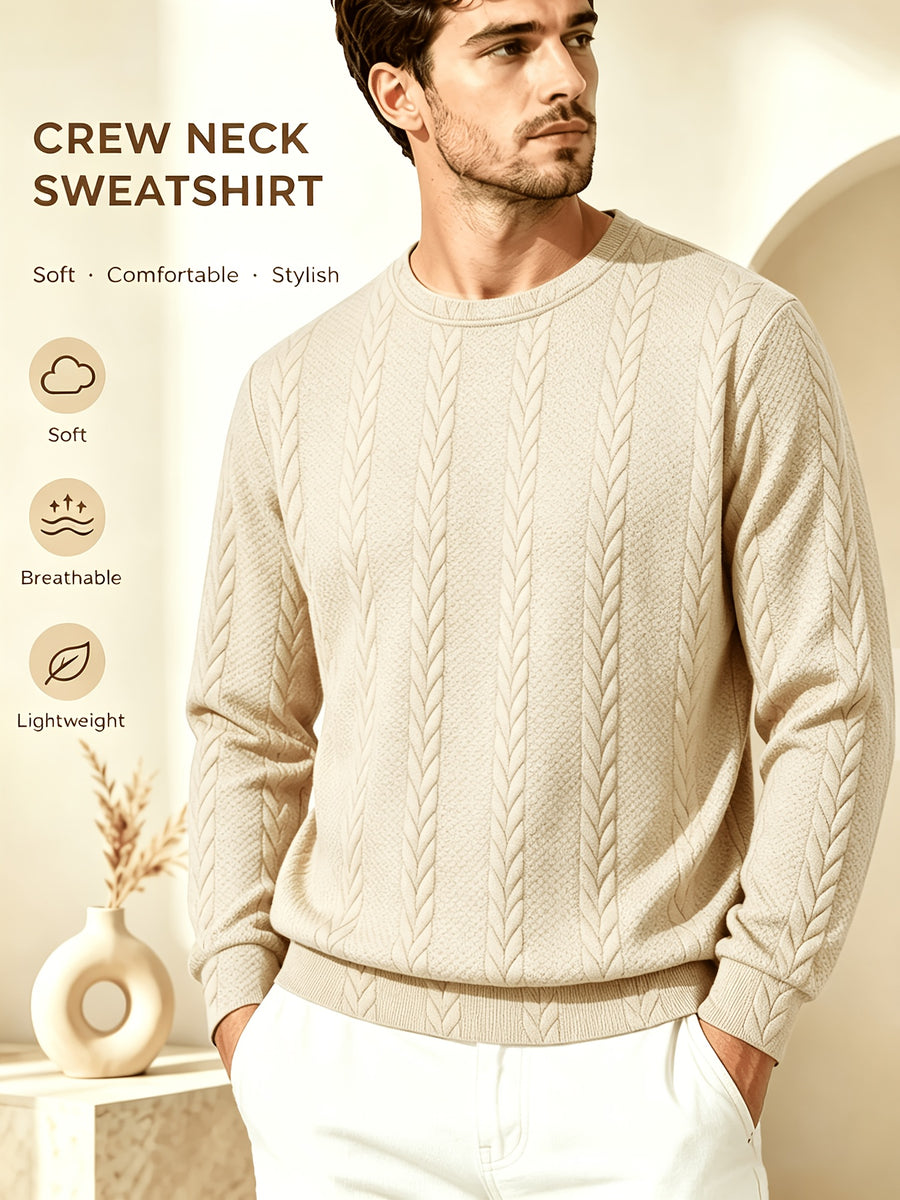 Men's Crew Neck Jacquard Sweatshirt, Fashionable and Versatile Sweatshirt for Spring and Autumn, Suitable for Outerwear or Layering, Features Three-Dimensional Visual Texture, Comfortable to Wear, Ideal for Casual, Vacation, Travel, and Home Wear - Khaki