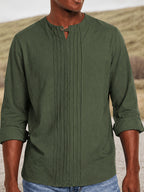 Men's Linen Pullover Shirt - Retro Vertical Pleat Collar & Round Neck, Loose Fit Long Sleeve Suitable for Daily Wear, Travel, Beach Outfits, Spring Summer Fall Casual Top, Machine Washable Solid Color Shirt - Green