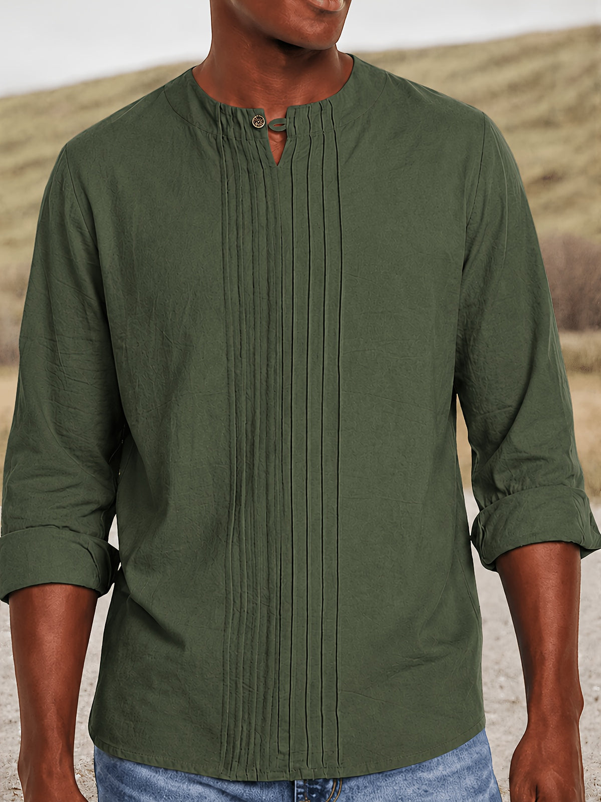 Men's Linen Pullover Shirt - Retro Vertical Pleat Collar & Round Neck, Loose Fit Long Sleeve Suitable for Daily Wear, Travel, Beach Outfits, Spring Summer Fall Casual Top, Machine Washable Solid Color Shirt - Green