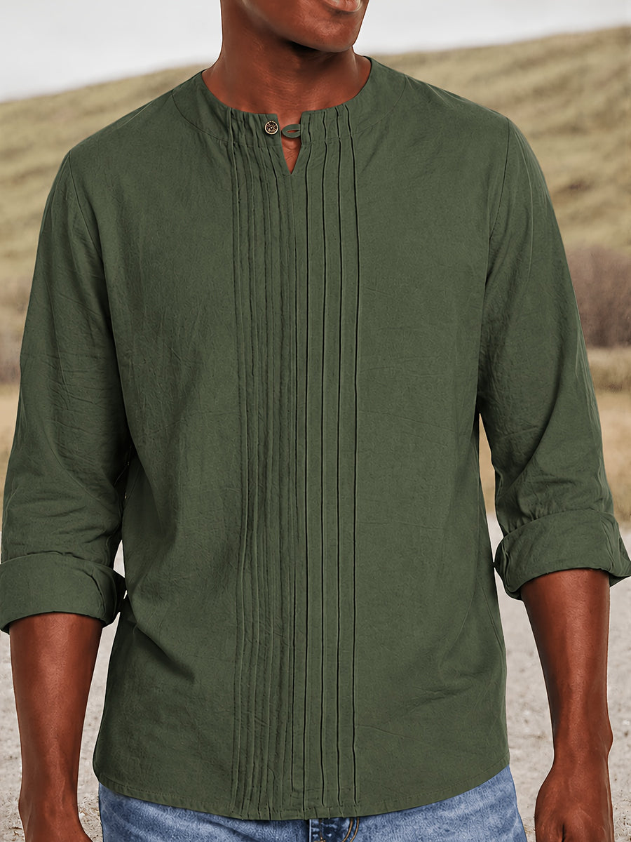 Men's Linen Pullover Shirt - Retro Vertical Pleat Collar & Round Neck, Loose Fit Long Sleeve Suitable for Daily Wear, Travel, Beach Outfits, Spring Summer Fall Casual Top, Machine Washable Solid Color Shirt - Green