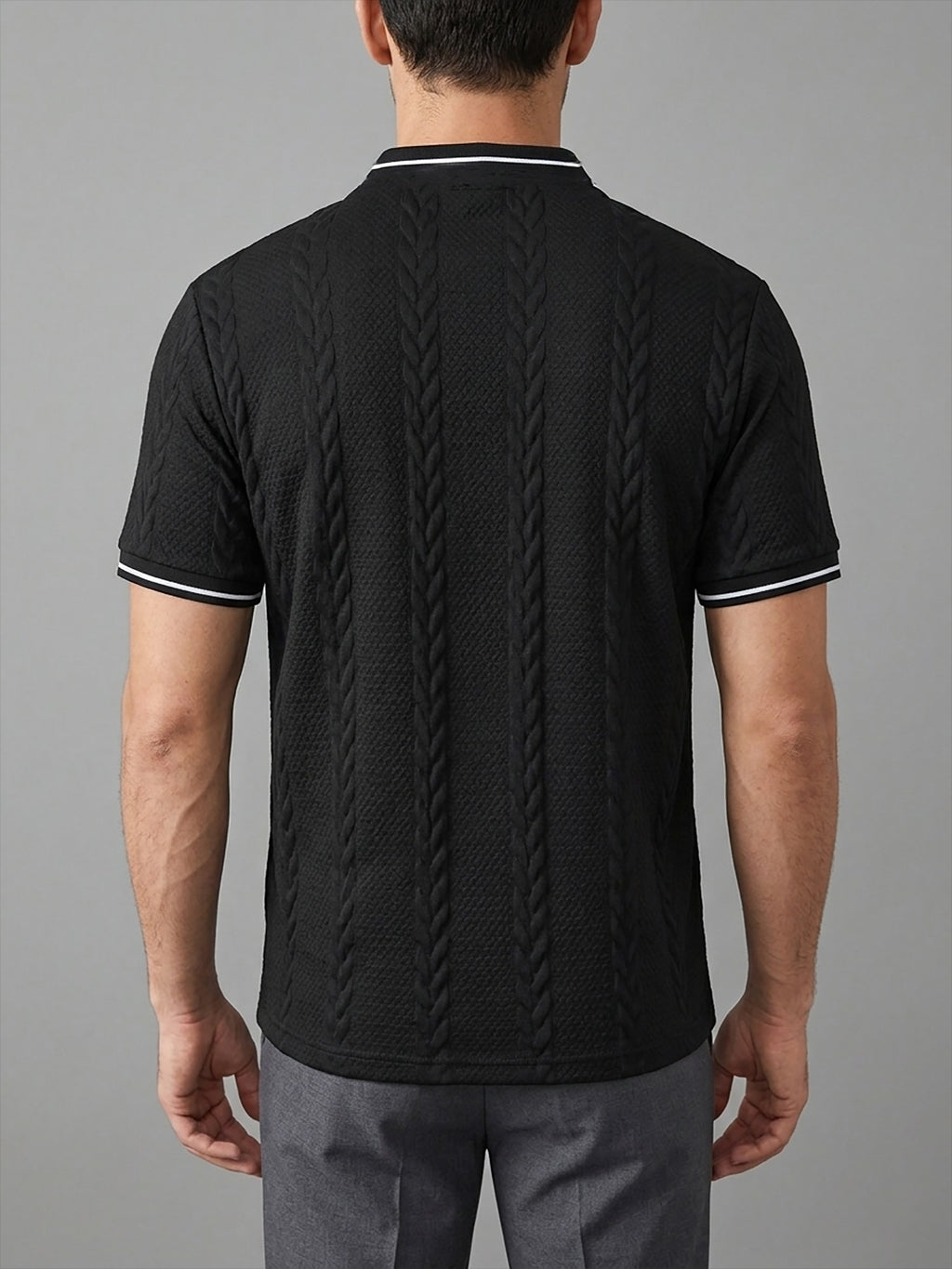 Men's Color-Block Baseball Collar Half-Zip Short-Sleeve T-Shirt, Three-Dimensional Cable Knit Texture Short Sleeve, New Summer Trendy Casual Half-Sleeve Jacquard Polo Shirt, Versatile Men's Top, Baseball Collar + Contrast Ribbed Cuffs for a Simple - Black
