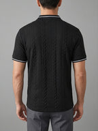 Men's Color-Block Baseball Collar Half-Zip Short-Sleeve T-Shirt, Three-Dimensional Cable Knit Texture Short Sleeve, New Summer Trendy Casual Half-Sleeve Jacquard Polo Shirt, Versatile Men's Top, Baseball Collar + Contrast Ribbed Cuffs for a Simple - Black
