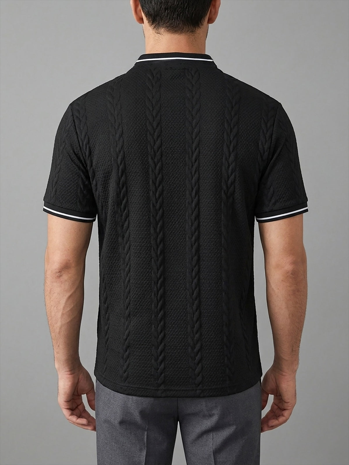 Men's Color-Block Baseball Collar Half-Zip Short-Sleeve T-Shirt, Three-Dimensional Cable Knit Texture Short Sleeve, New Summer Trendy Casual Half-Sleeve Jacquard Polo Shirt, Versatile Men's Top, Baseball Collar + Contrast Ribbed Cuffs for a Simple - Black