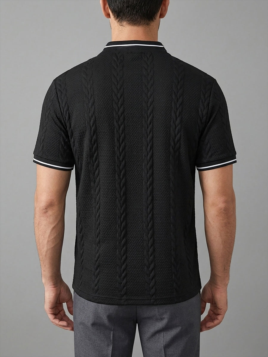 Men's Color-Block Baseball Collar Half-Zip Short-Sleeve T-Shirt, Three-Dimensional Cable Knit Texture Short Sleeve, New Summer Trendy Casual Half-Sleeve Jacquard Polo Shirt, Versatile Men's Top, Baseball Collar + Contrast Ribbed Cuffs for a Simple - Black