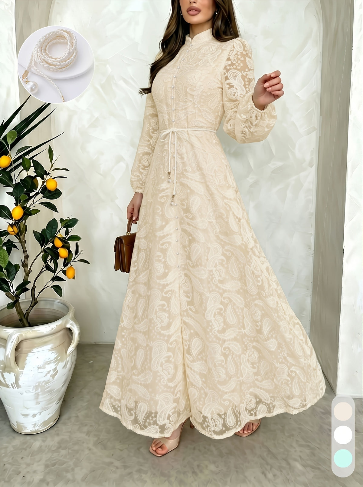 Elegant Stand-Collar Bridesmaid Gown for Women, Designed with Rows of Pearl Buttons, Hollow-Out Embroidery, And Long-Sleeve Cardigan Style, Cinched by a Vintage Waist Cord. Ideal for Daily Wear, Weddings, And Birthday Parties - Apricot