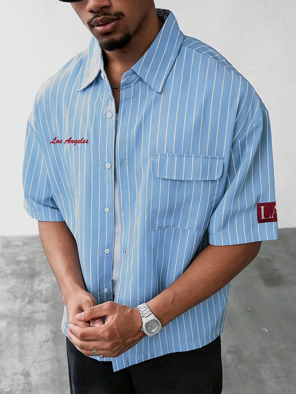 Men's Striped Short Sleeve Shirt, Casual Button Shirt with Chest Pocket, Loose Fit Summer Tops, Letter Streetwear Shirts for Men - Haze Blue