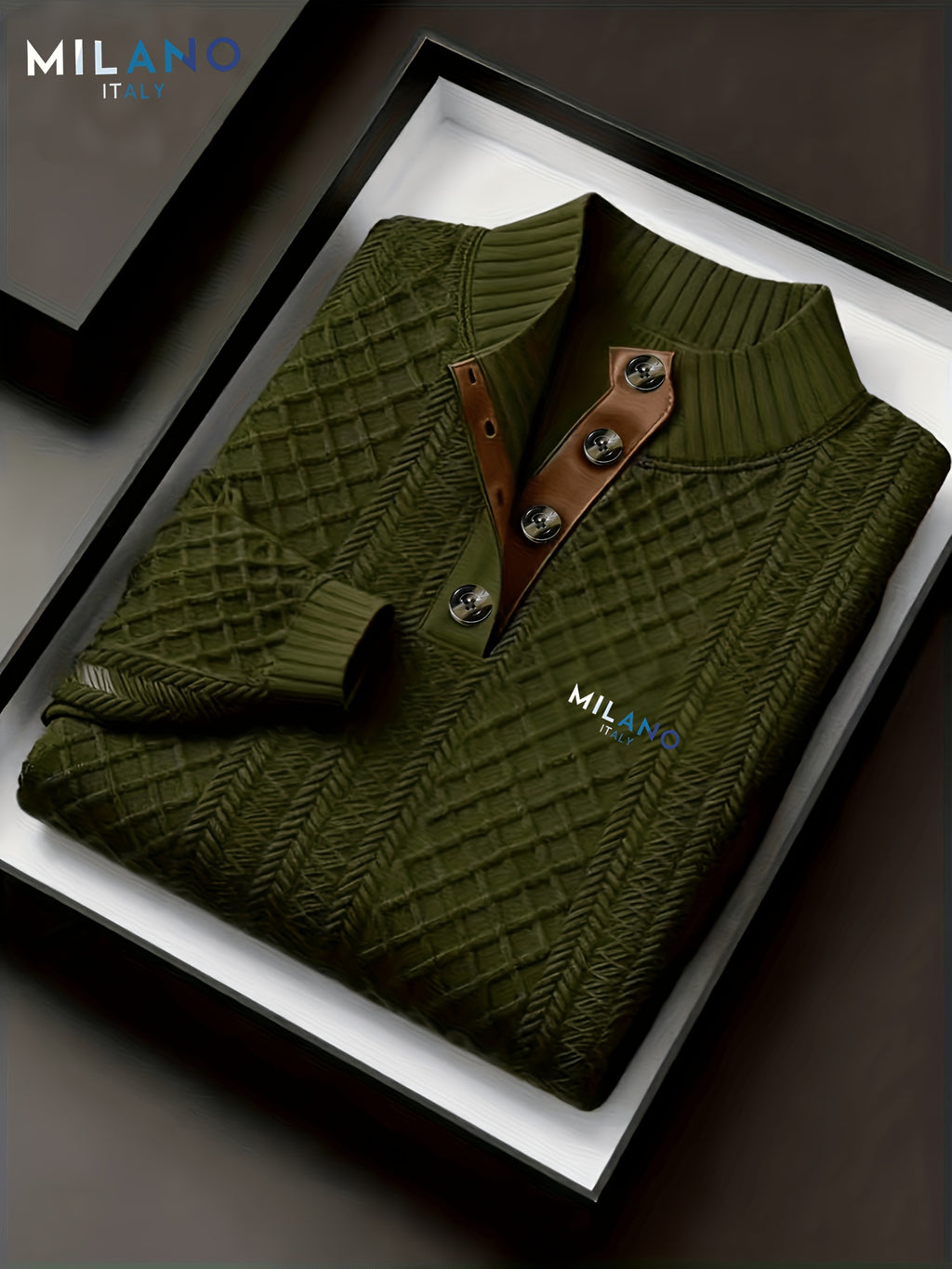Men's Stand Collar Textured Jacquard Knit Henley Shirt with Light Luxury Buckle Patchwork, Long Sleeve Autumn/Winter Business Top - Green