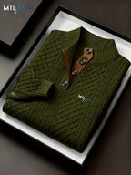 Men's Stand Collar Textured Jacquard Knit Henley Shirt with Light Luxury Buckle Patchwork, Long Sleeve Autumn/Winter Business Top - Green