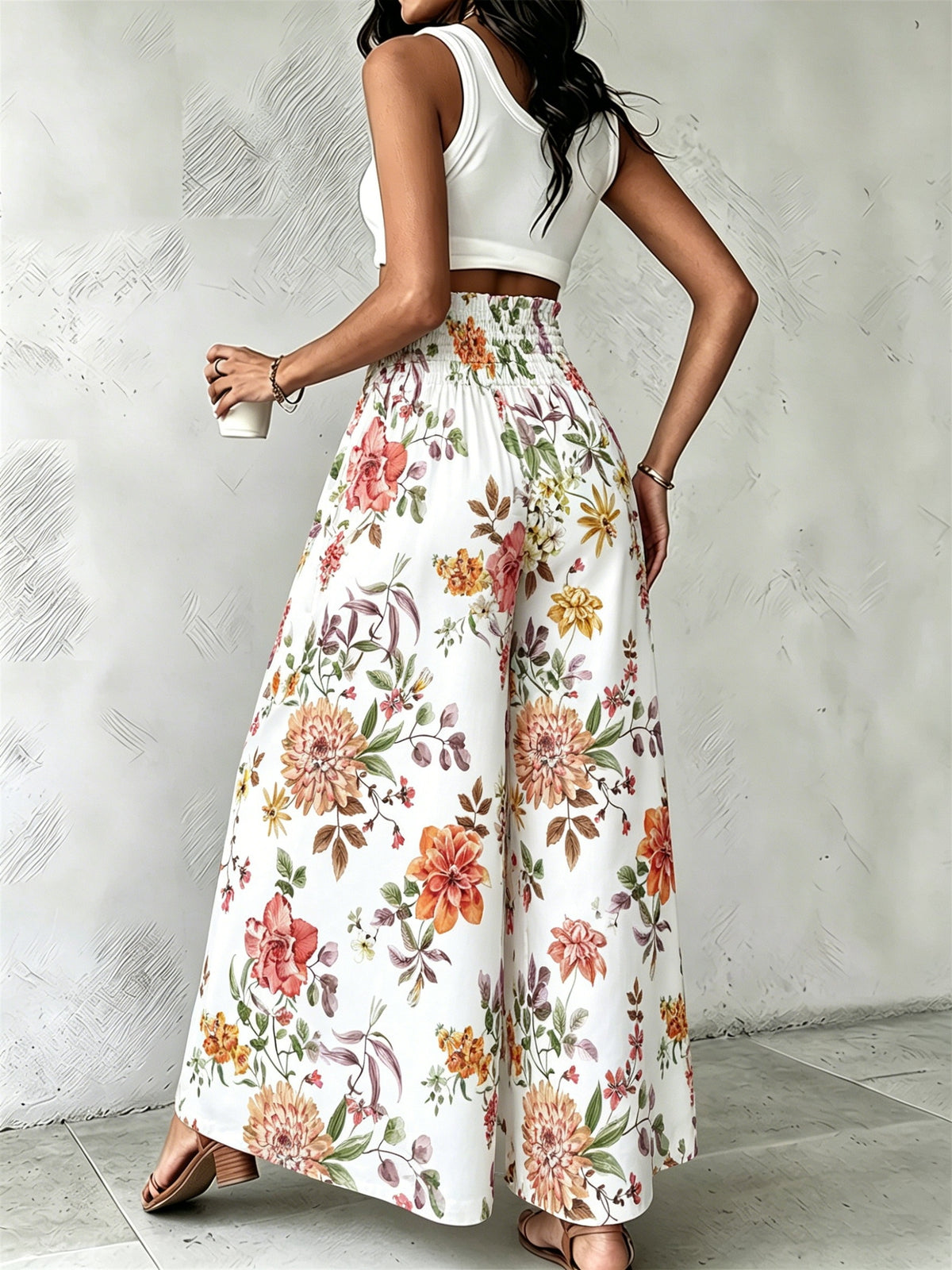 Women'S Floral Print Wide-Leg Pants High-Waist Ruched Waist Bohemian Style Long Trousers Flowy Vacation Pants - Multicololr 6
