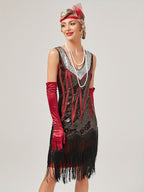 1920s Retro Sequin Gatsby Party Dress with Tassels, Short Sleeve Evening Gown for Banquets and Toasting Ceremonies - In Stock - Black&Red