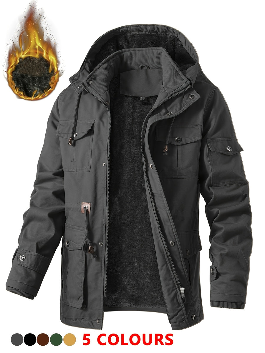 Men'S Heavyweight Winter Jacket Thickened Casual Cargo Detachable Hood Bomber Jacket Stand Collar Zipper Multi-Pockets Warm Coat Thickened Jacket Peacoat - Dark Gray