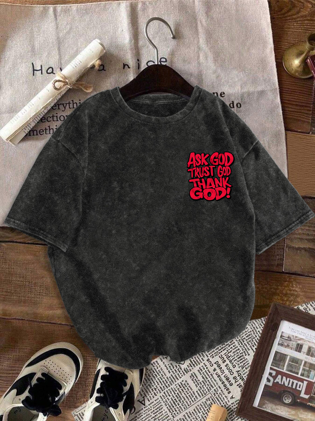 A T-Shirt Featuring a Double-Sided Print with The Phrases 'Ask God, Trust God, Thank God'. This Vintage-Washed, Short-Sleeve Crew-Neck Top Is Ideal for Spring And Summer, Making It a Stylish Choice for Daily Wear And an Excellent Gift for Women - Deep Grey