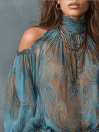 Women's Vintage Off-Shoulder Paisley Pattern Shirt Top - Blue