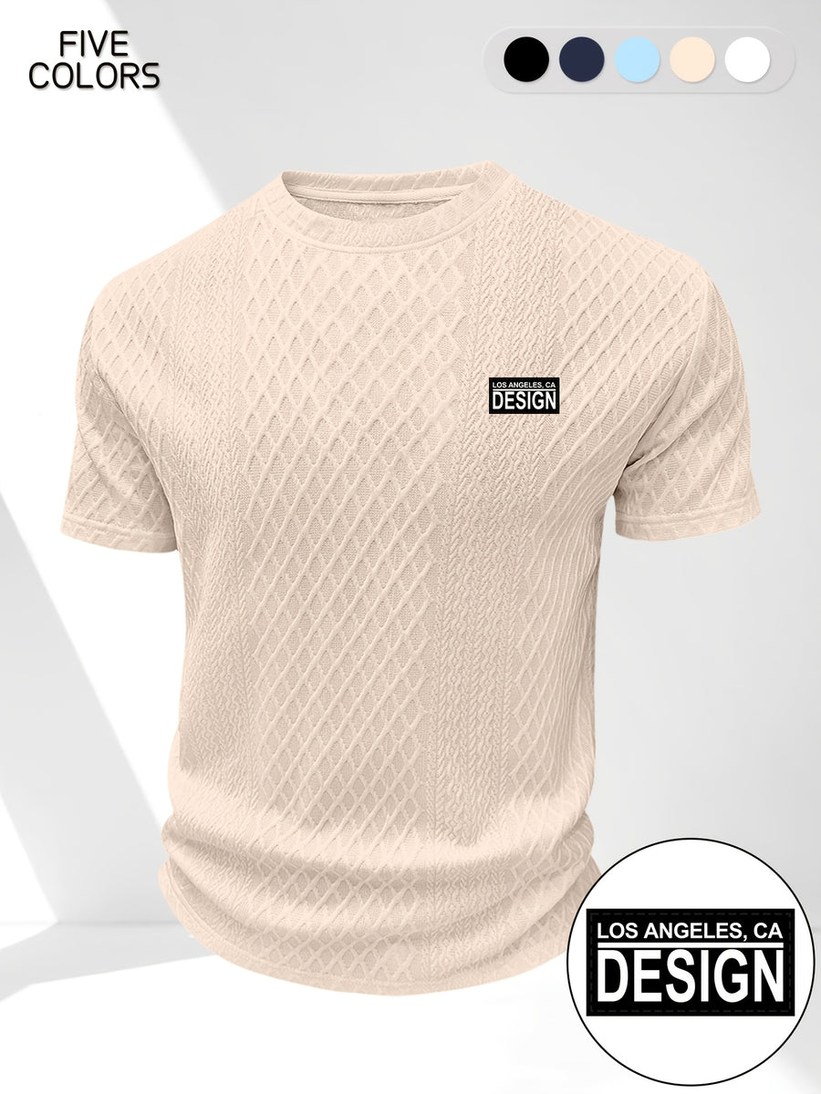 Men's Summer Casual Premium Textured Crew Neck Short Sleeve T-Shirt, Trendy Printed Pattern Design, Comfortable and Breathable Textured Fabric, Suitable for Outdoor Vacations and Daily Wear - Apricot