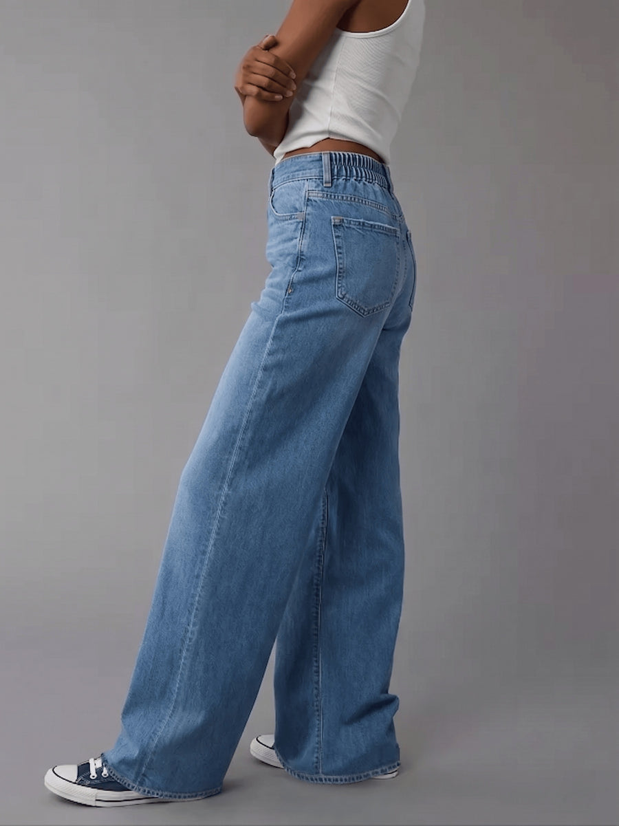 2026SS Dreamy Draped Non-Stretch Ice Blue Loose Wide-Leg Straight-Leg Jeans High-Waist Casual - Peacock Blue