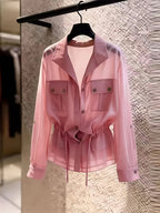 Drawstring Waist Chiffon Shirt, Lapel Collar with Cargo Pockets - Pink Color