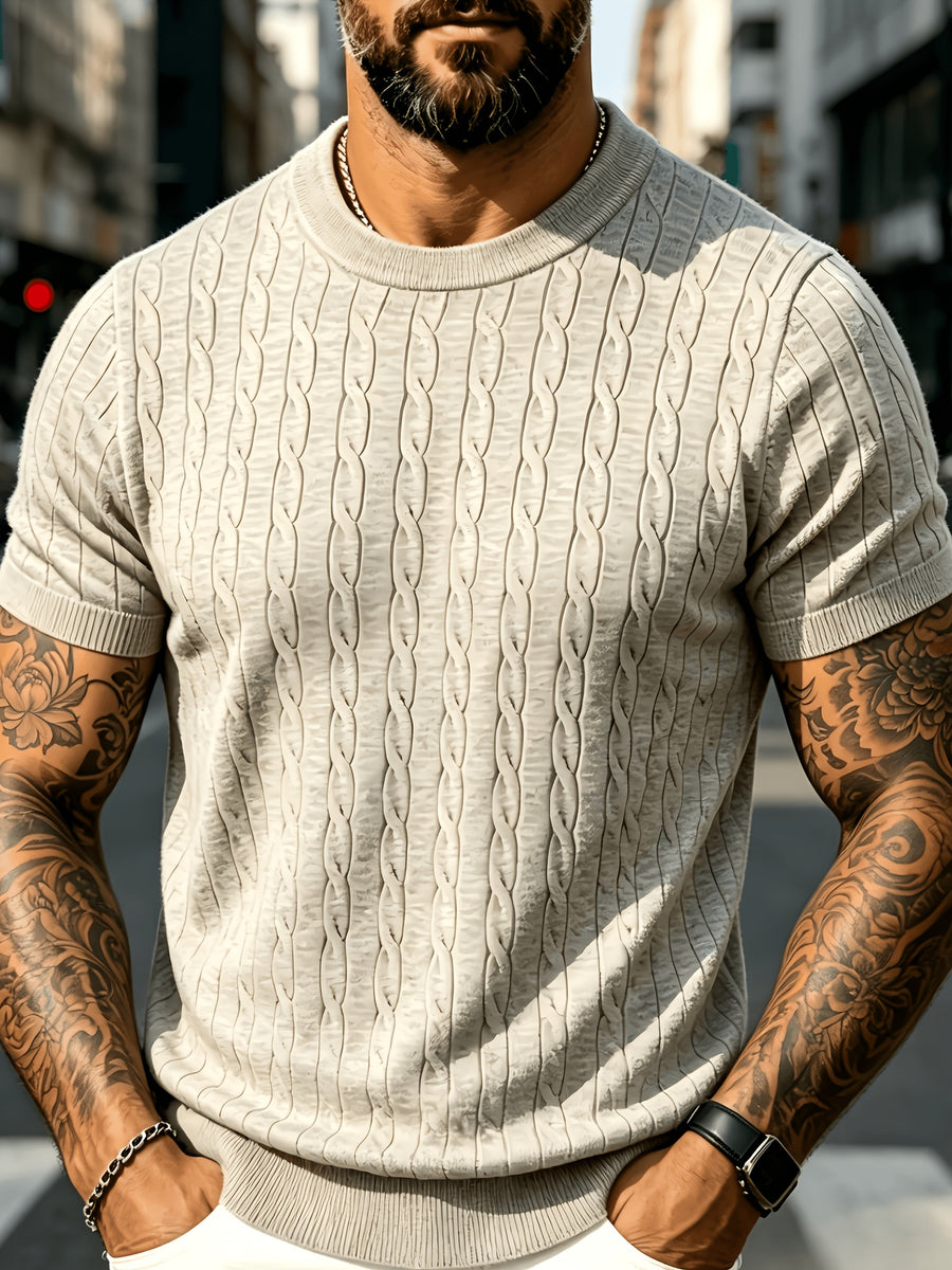 Men's Summer Solid Color Crew Neck Knit Short Sleeve Slim Fit Lightweight Half-Sleeve Top, Premium Basic Crew Neck Knitwear, Versatile Casual Base Layer for Daily Commuting - Yami Apricot