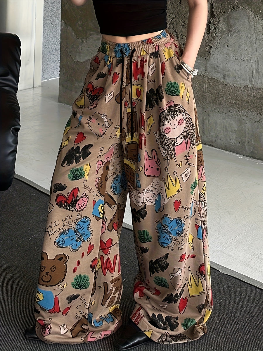 Y2K Women'S Cute Cartoon Graffiti Wide Leg Pants - Multicolor
